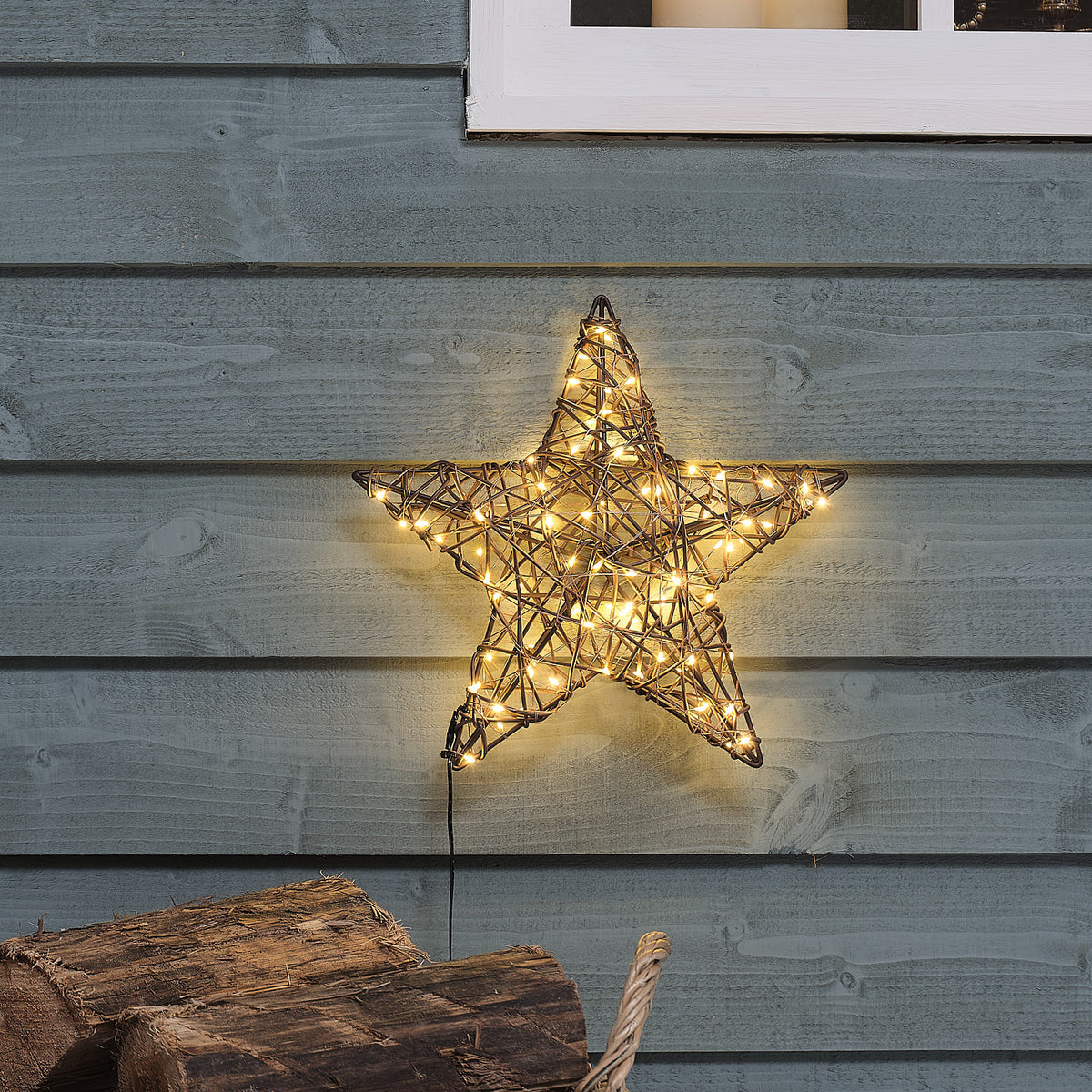 Warmweißer Rattan-LED-Stern 30 cm mit 80 Mikro-LEDs und Timer