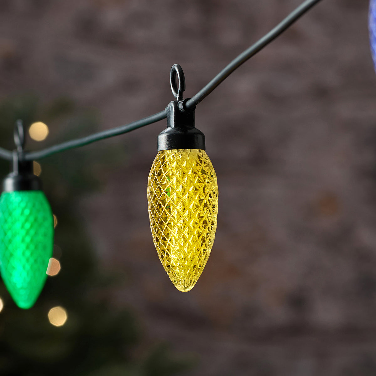 Bunte LED-Tannenzapfen-Lichterkette außen mit 10 LEDs koppelbar unbeleuchtet close up