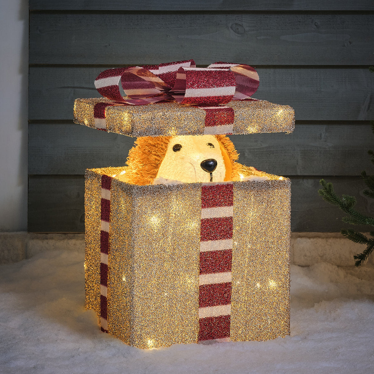 Animierte LED-Weihnachtsfigur Hund im Geschenkkarton für den Außenbereich