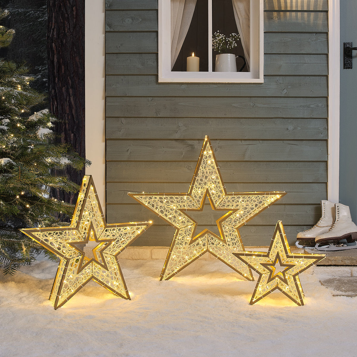 3er-Set beleuchtete Sterne außen in Gold mit 270 warmweißen LEDs