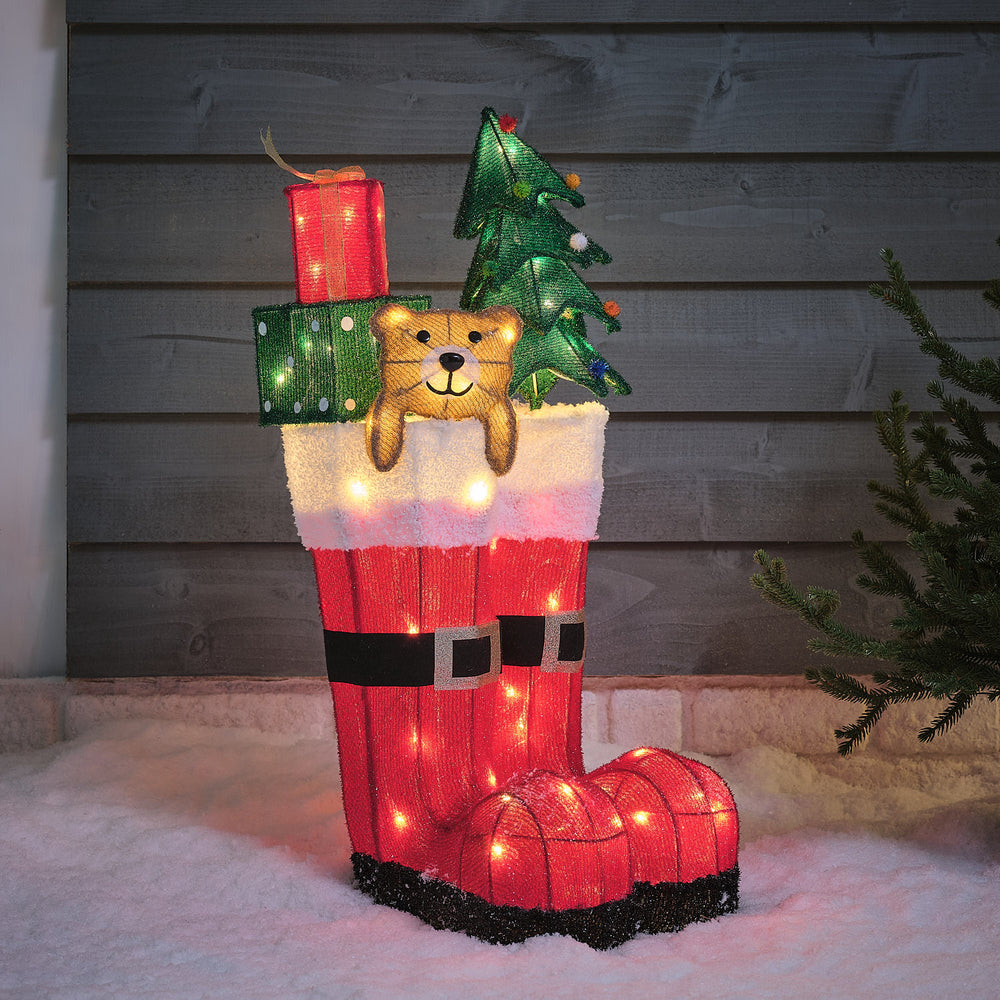 76 cm LED-Weihnachtsstiefel mit Geschenken in Rot für den Außenbereich beleuchtet