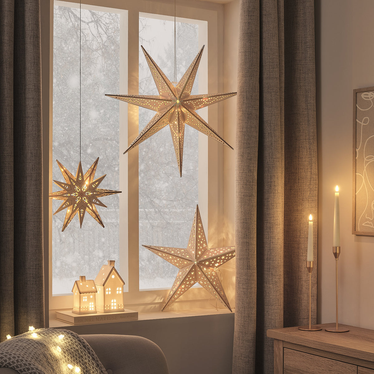 3er-Set LED-Holzsterne zum Aufhängen mit Fernbedienung
