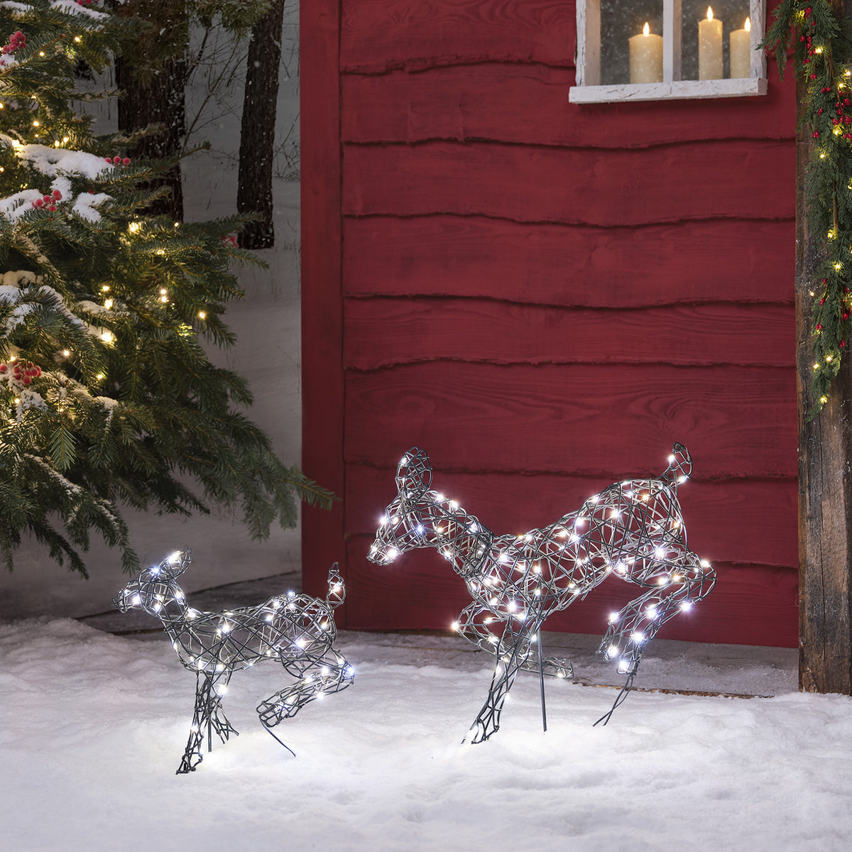 2er Set springende LED-Rentierefamilie Hirschkuh & Rehkitz