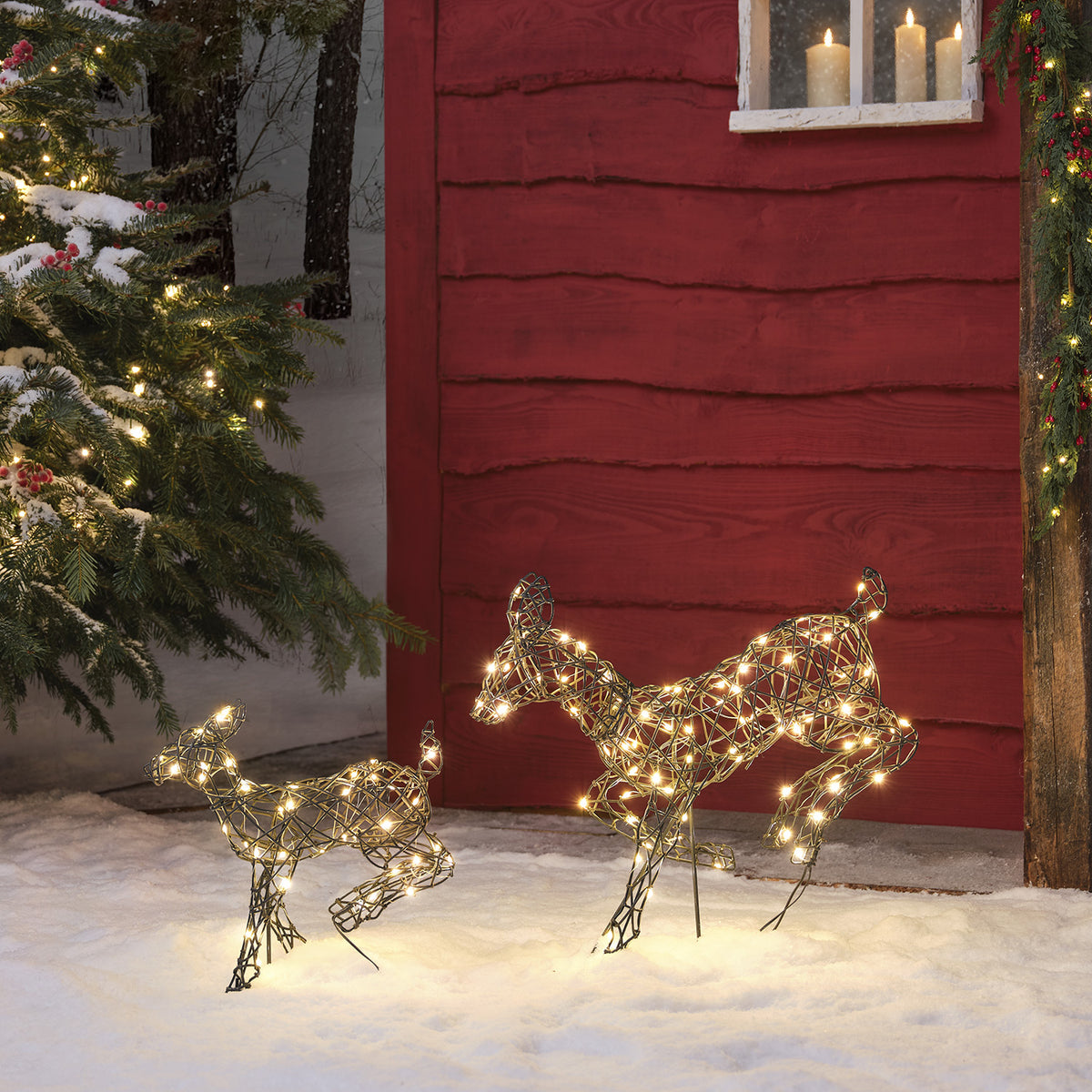 2er Set springende LED-Rentierefamilie Hirschkuh & Rehkitz