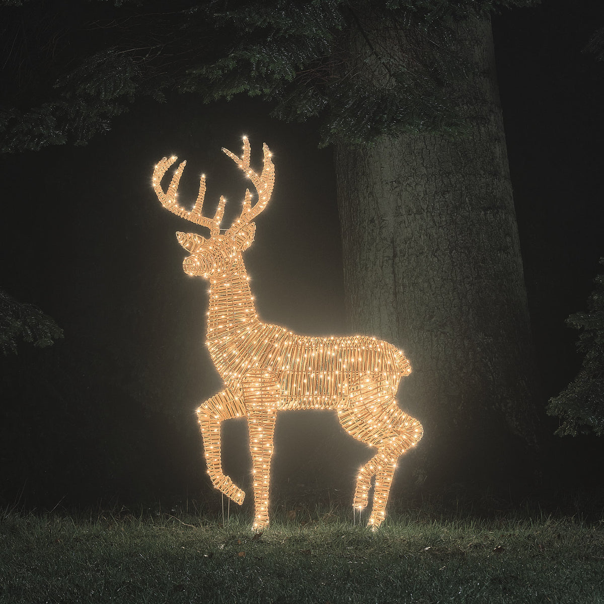 Leyburn XL Bicolor LED-Rentier Hirsch aus Rattan mit 600 Mikro-LEDs in Warmweiß