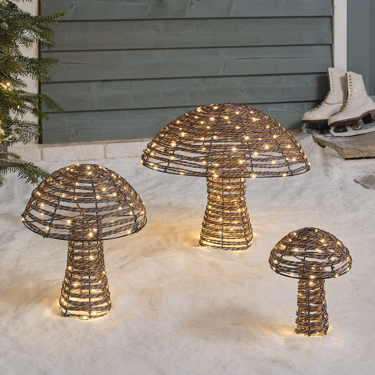 3er-Set Pateley Rattan LED-Pilze mit 270 Mikro-LEDs und Timer beleuchtet