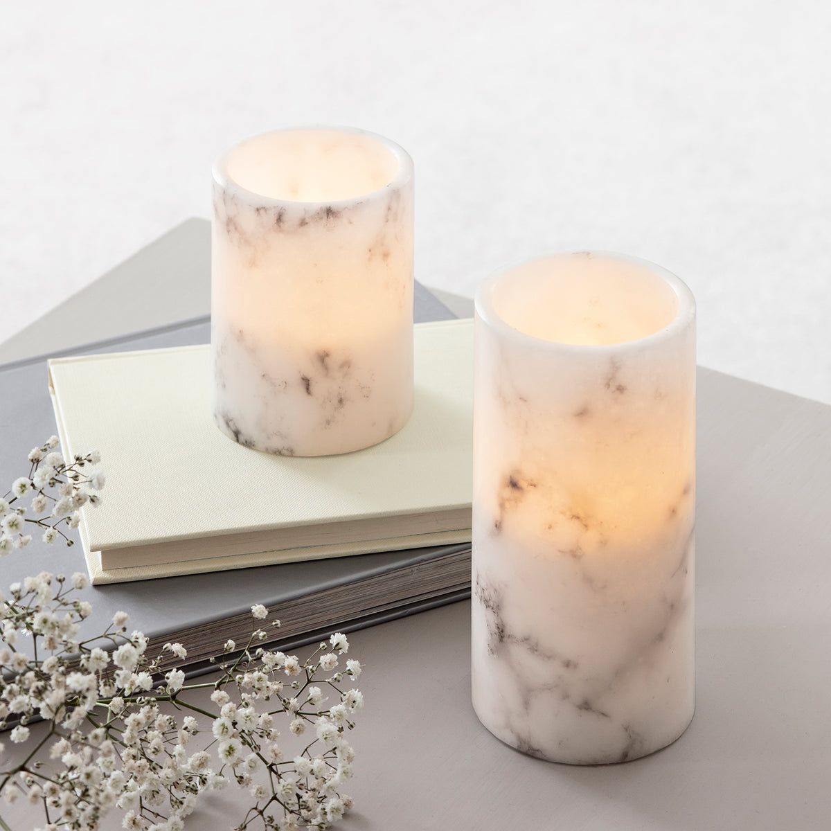 2er Set LED Marmor Stumpenkerzen