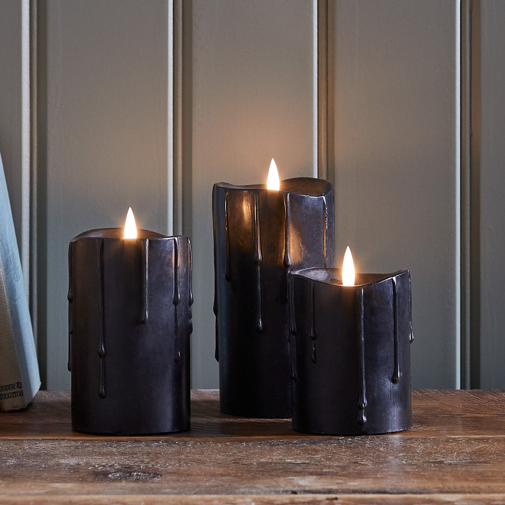 TruGlow® Halloween LED Kerzen Trio mit Wachstropfen schwarz