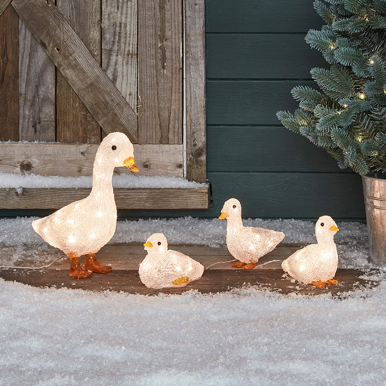 4er Set LED Acryl Weihnachtsfiguren außen Enten-Familie