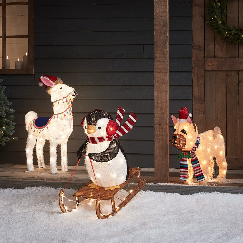3er Set Weihnachtsfiguren außen Alpaka, Pinguin und Bulldogge