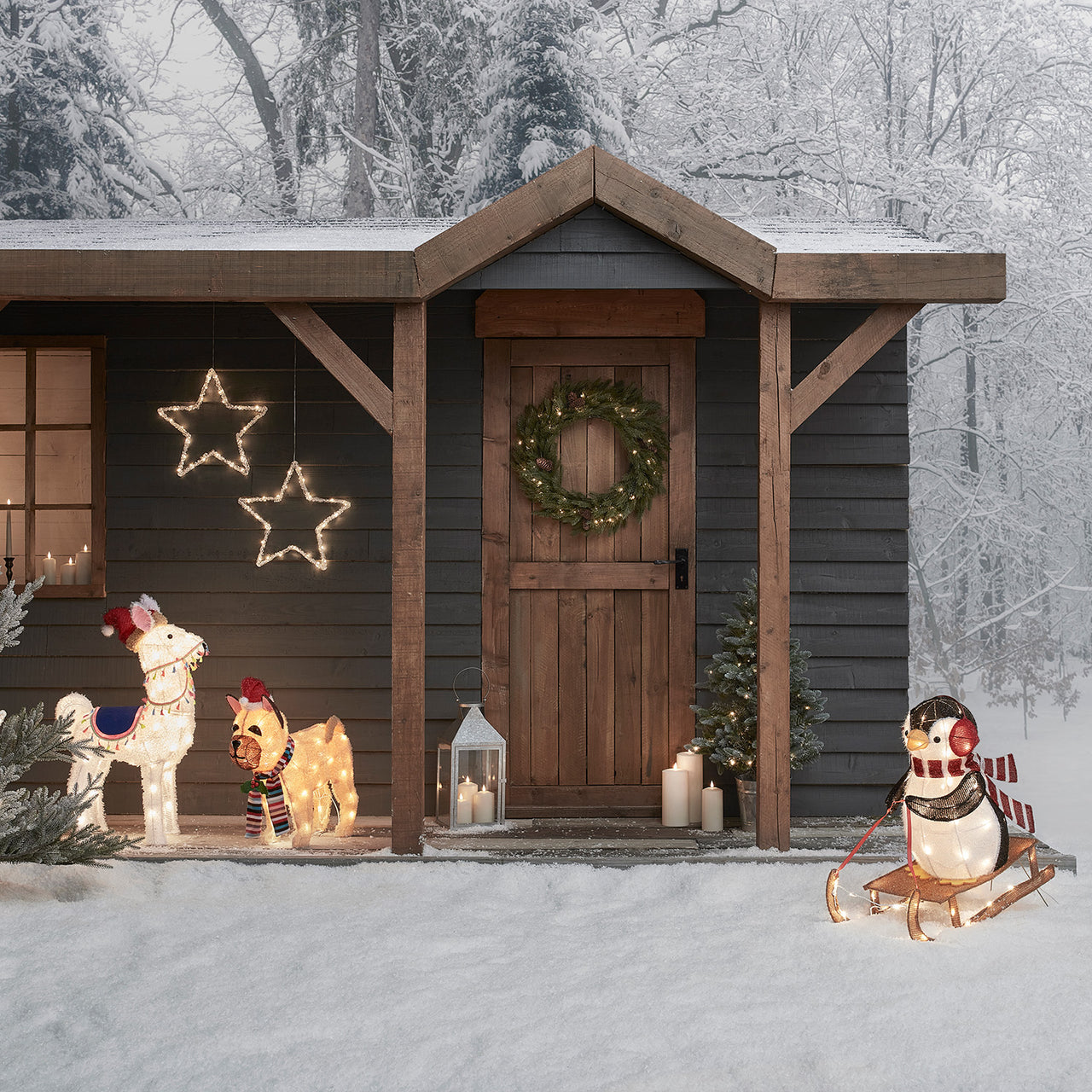 3er Set Weihnachtsfiguren außen Alpaka, Pinguin und Bulldogge