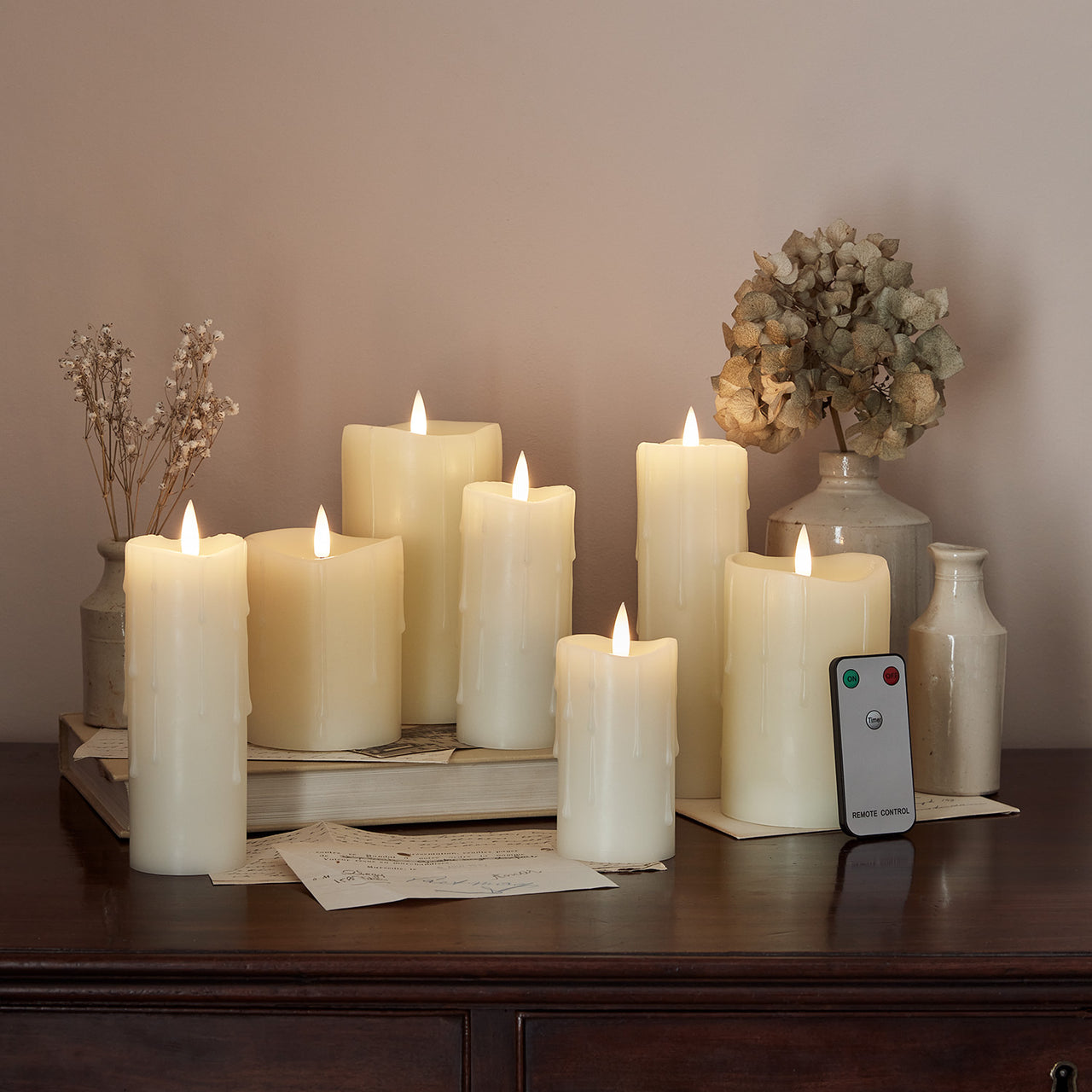 7er Set TruGlow® LED Kerzen mit Wachstropfen mit Fernbedienung