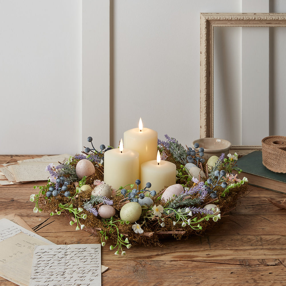 43cm Osterkranz Eier, Blumen und Moos mit TruGlow® LED Kerzen