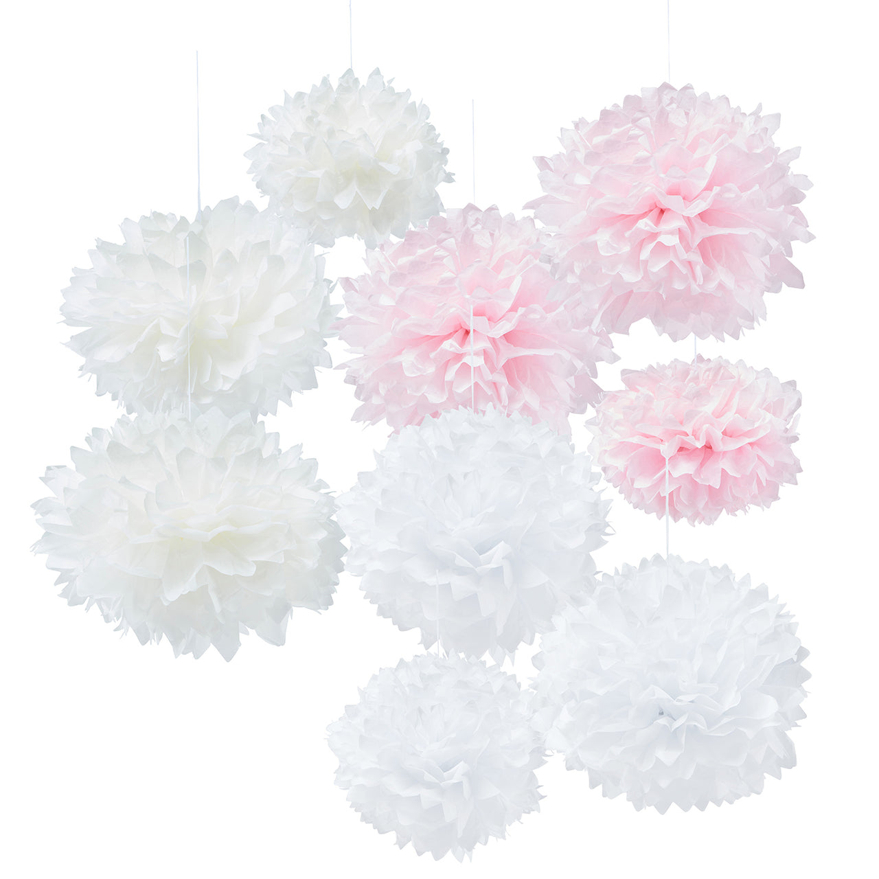 9er Set Pompons in weiß, rosa und crème