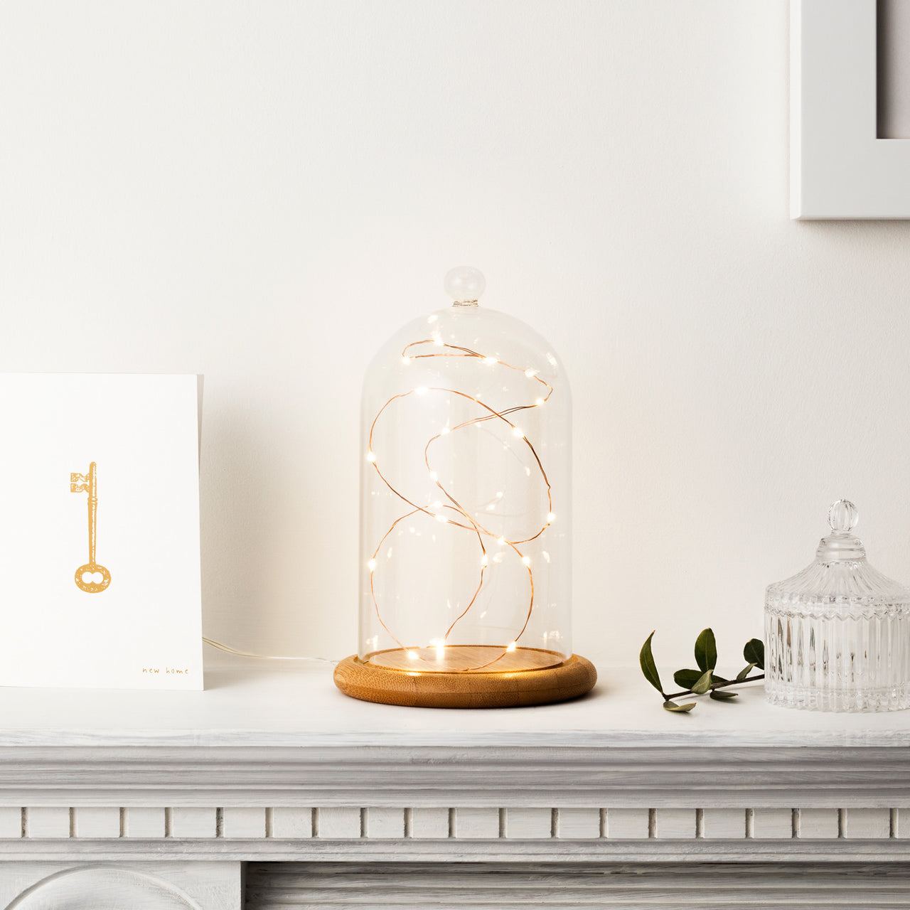 Glasglocke mit Holzteller und Micro Lichterkette auf weißer Ablage.