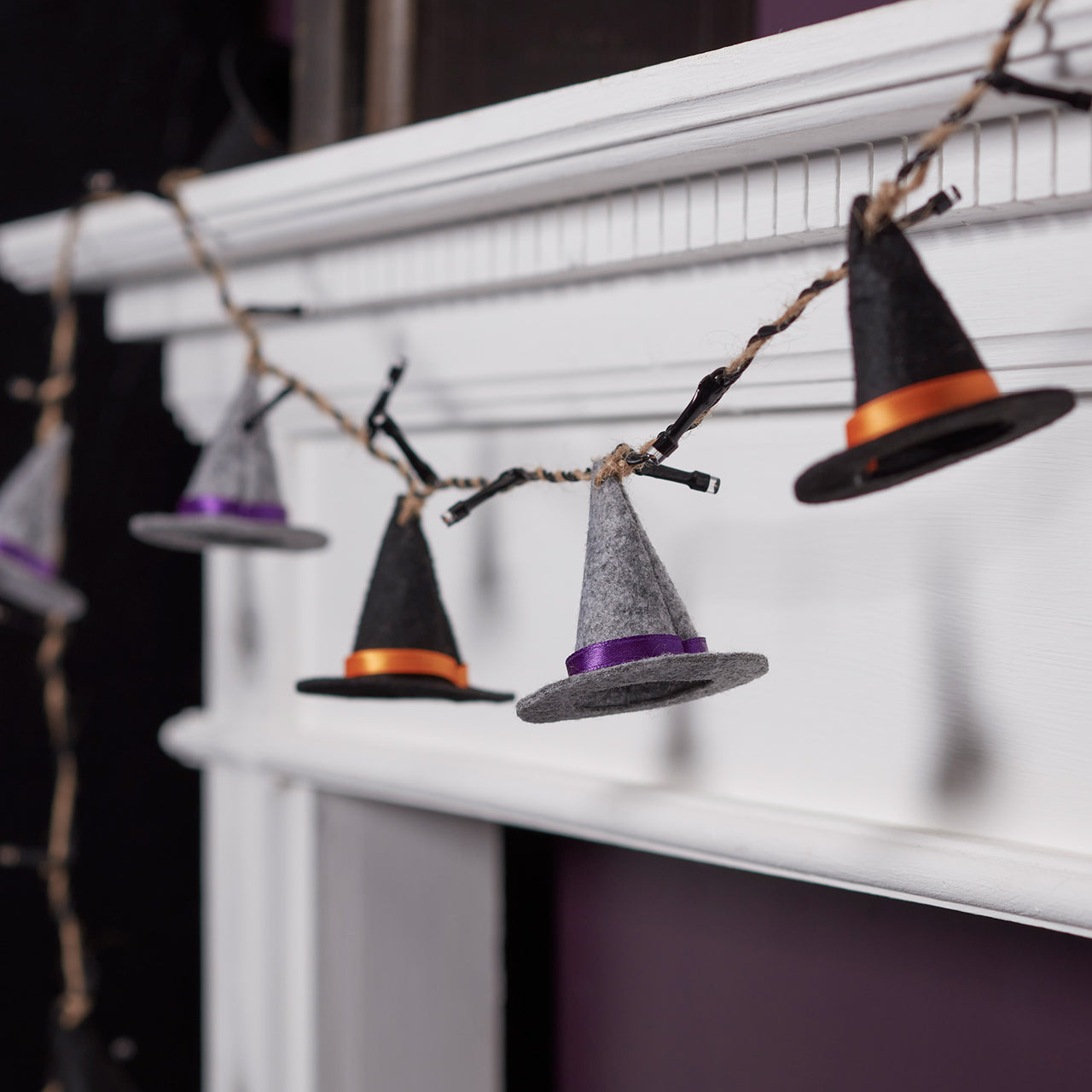 8er Halloween Lichterkette Hexenhut aus Filz