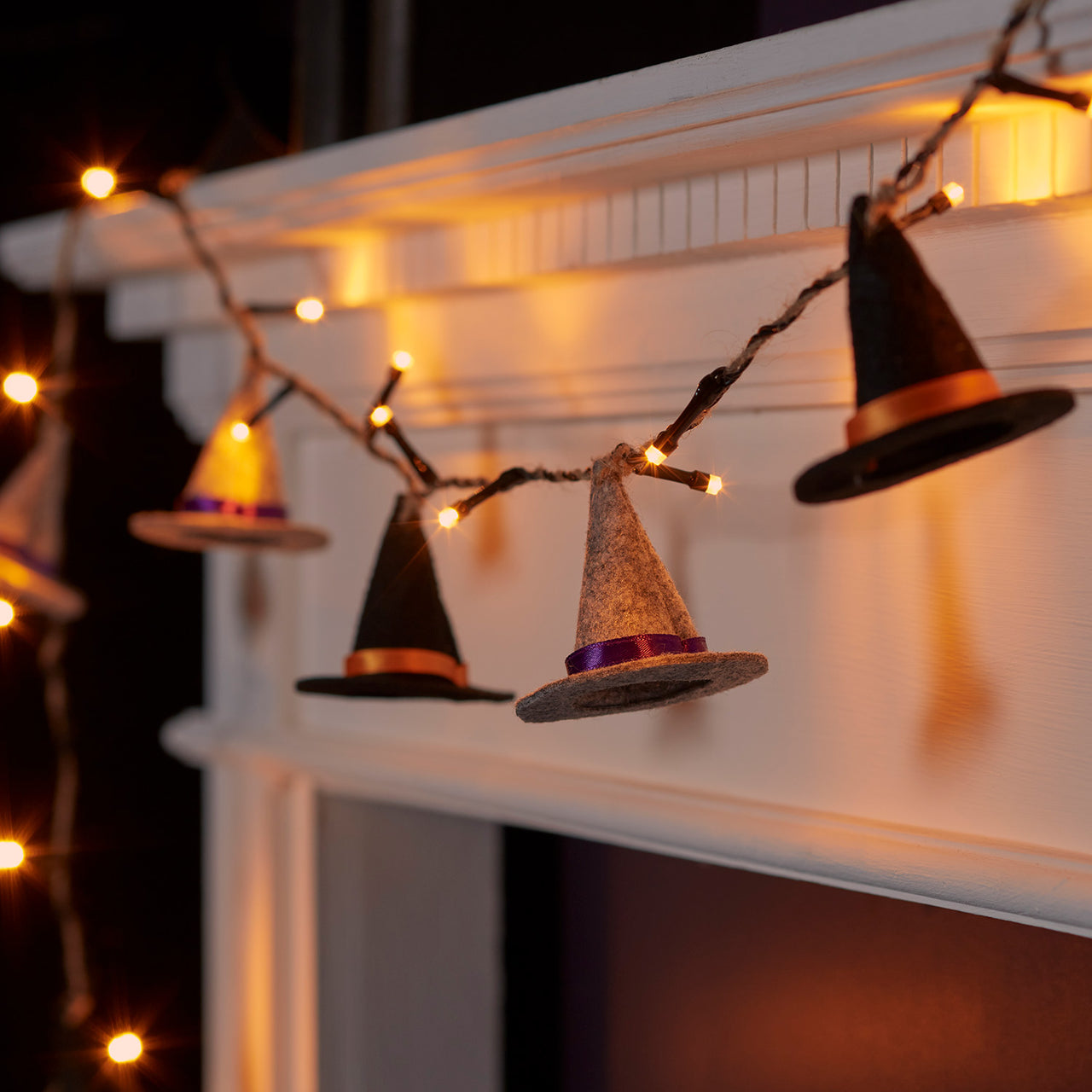 8er Halloween Lichterkette Hexenhut aus Filz