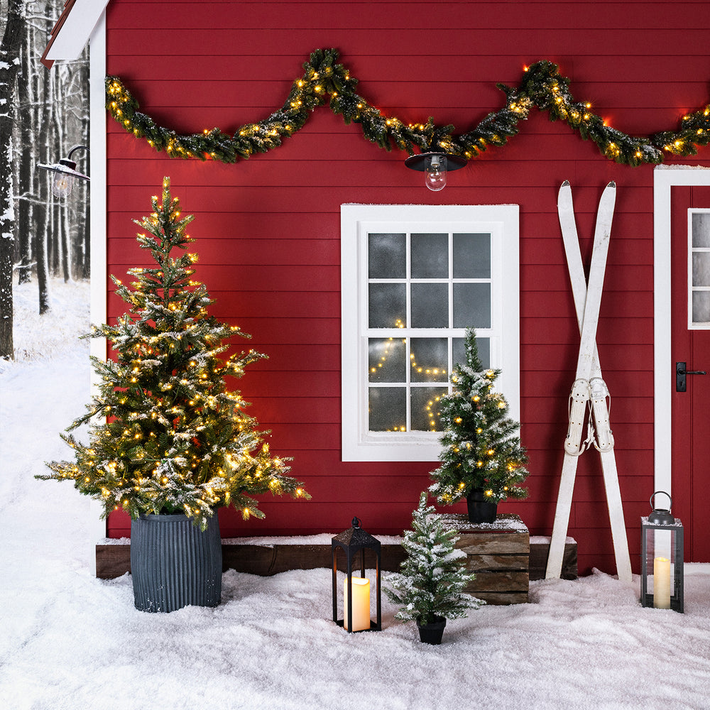 Weihnachtliche Häuserfassade mit Tannenbäumen und Laterne.