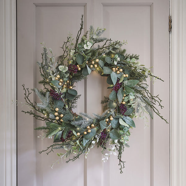 Weihnachtskranz Mit Lichtern 45 Cm – Türkranz Mit Kugeln & Beeren, Batteriebetrieben Für Innen/außen