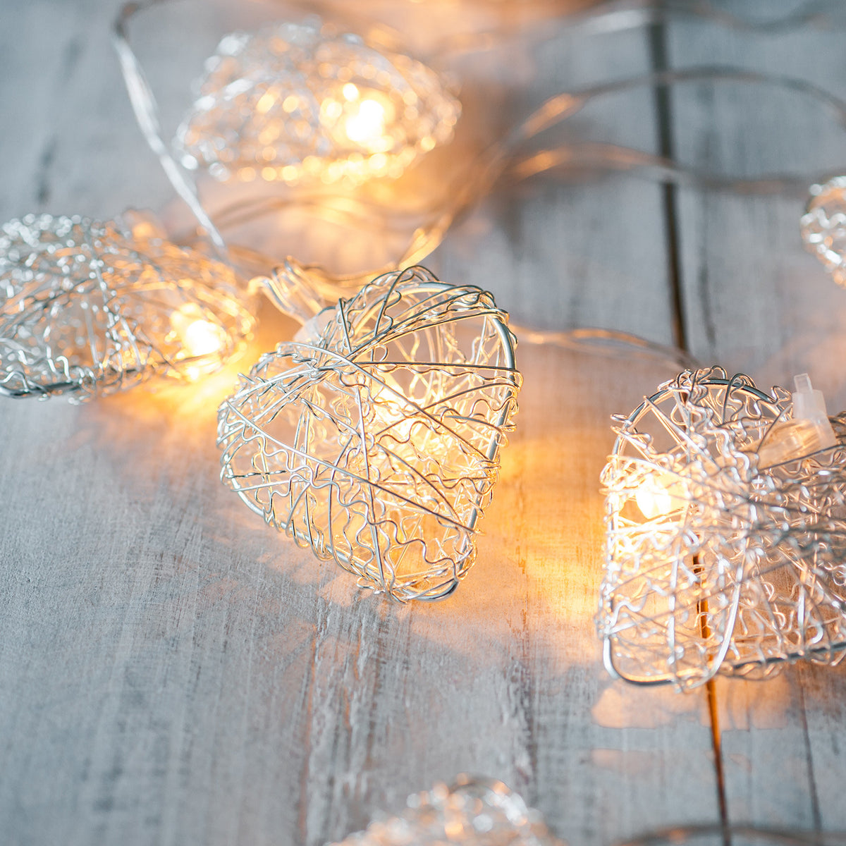 10er LED Lichterkette silberne Herzen