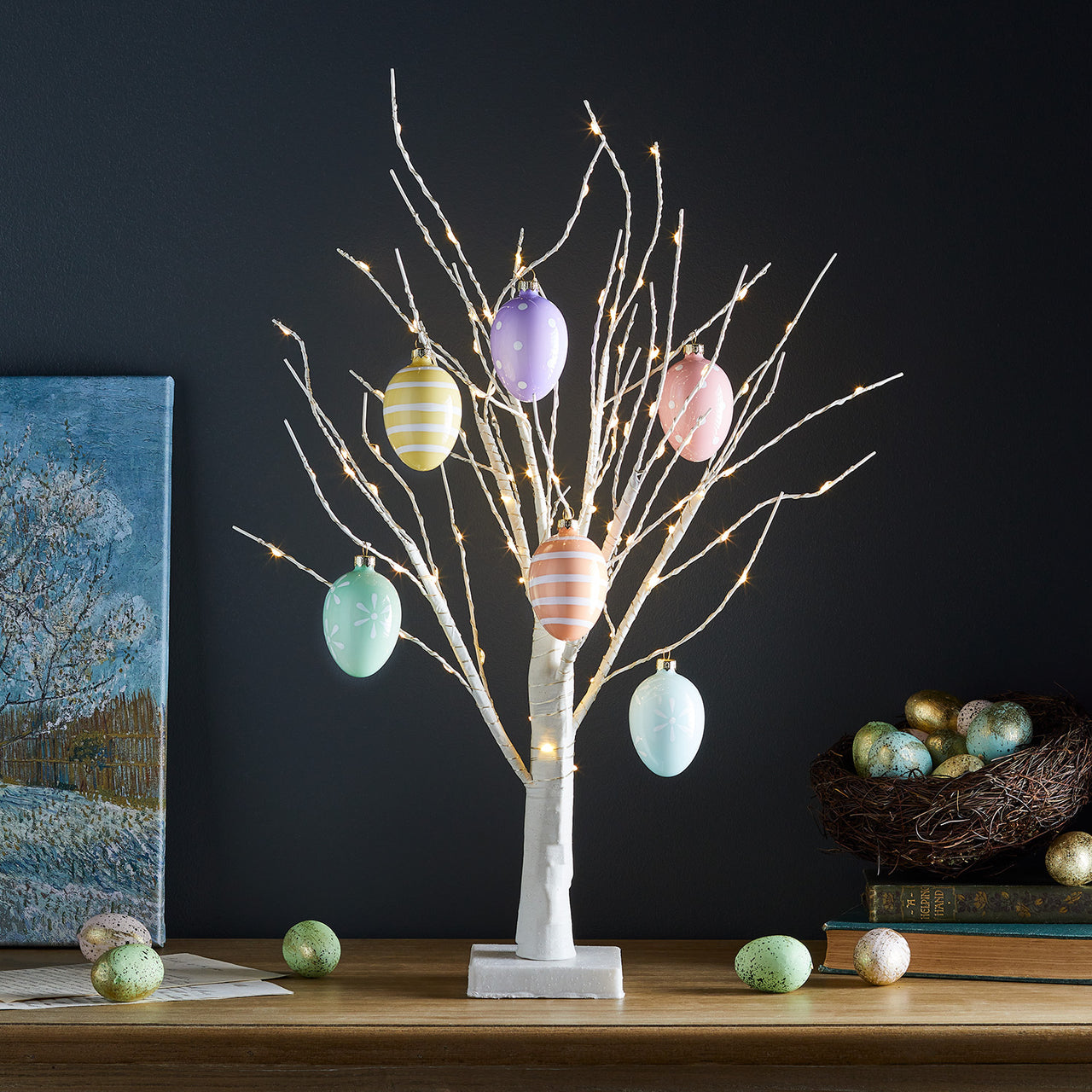 65cm Micro LED Deko Baum mit 6 Ostereiern aus Glas