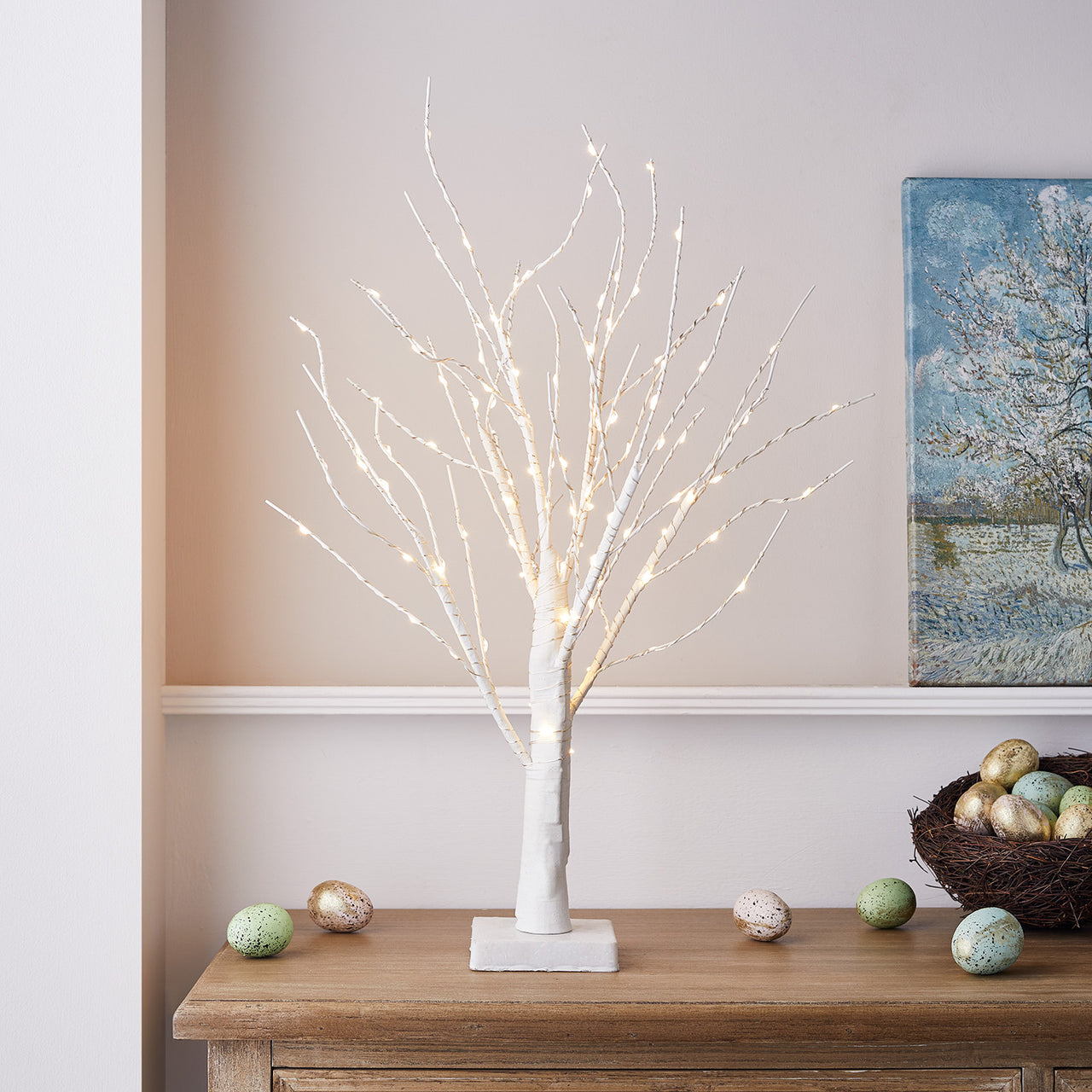 65cm Micro LED Deko Baum mit 6 Ostereiern aus Glas