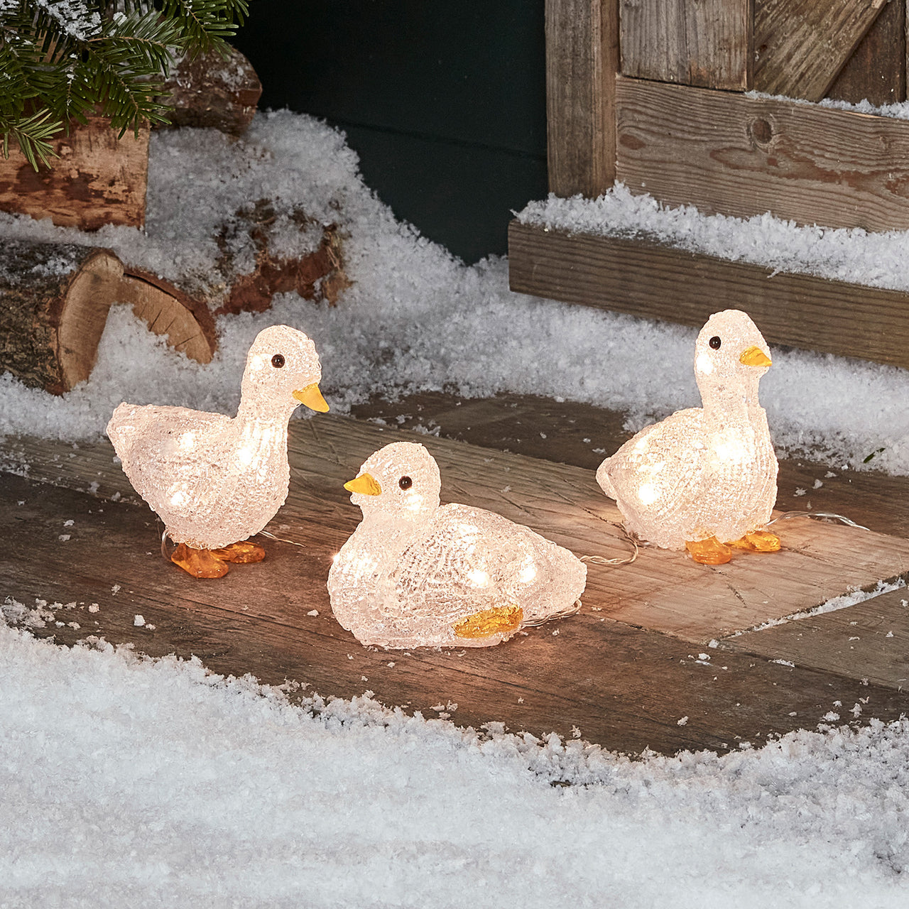 3er Set LED Acryl Weihnachtsfiguren außen Enten Batteriebetrieb