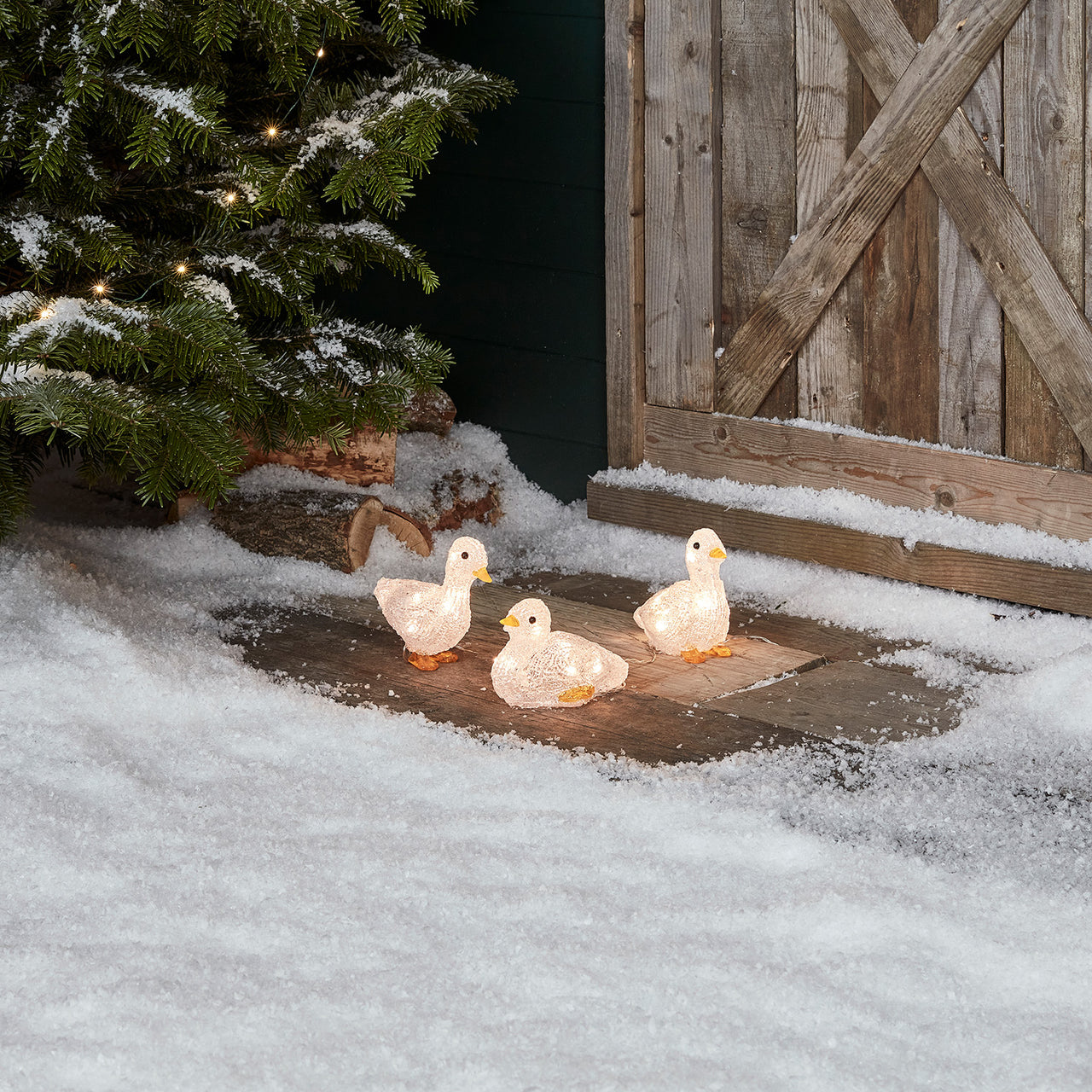 3er Set LED Acryl Weihnachtsfiguren außen Enten Batteriebetrieb