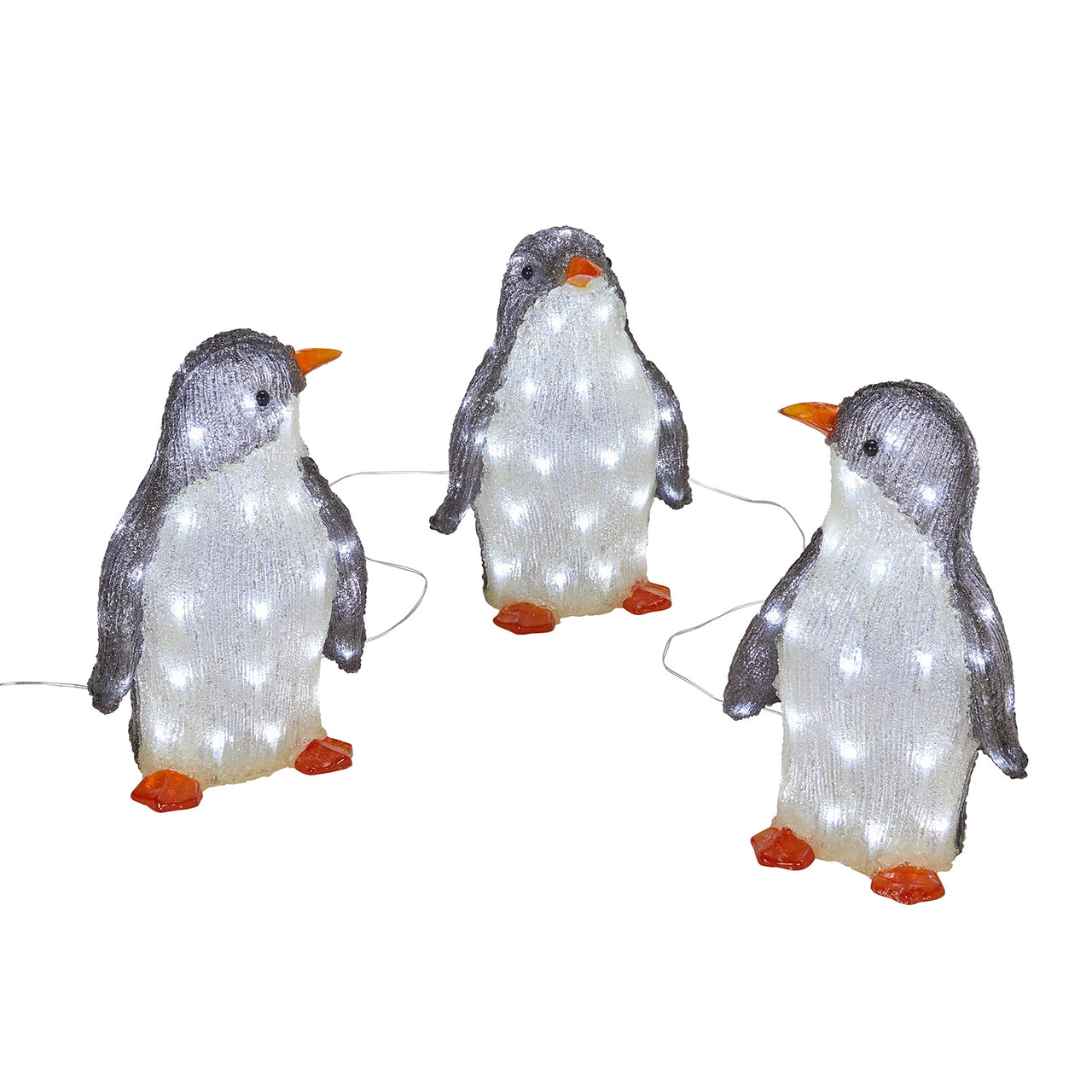 3 LED-Pinguine vor weißem Hintergrund.